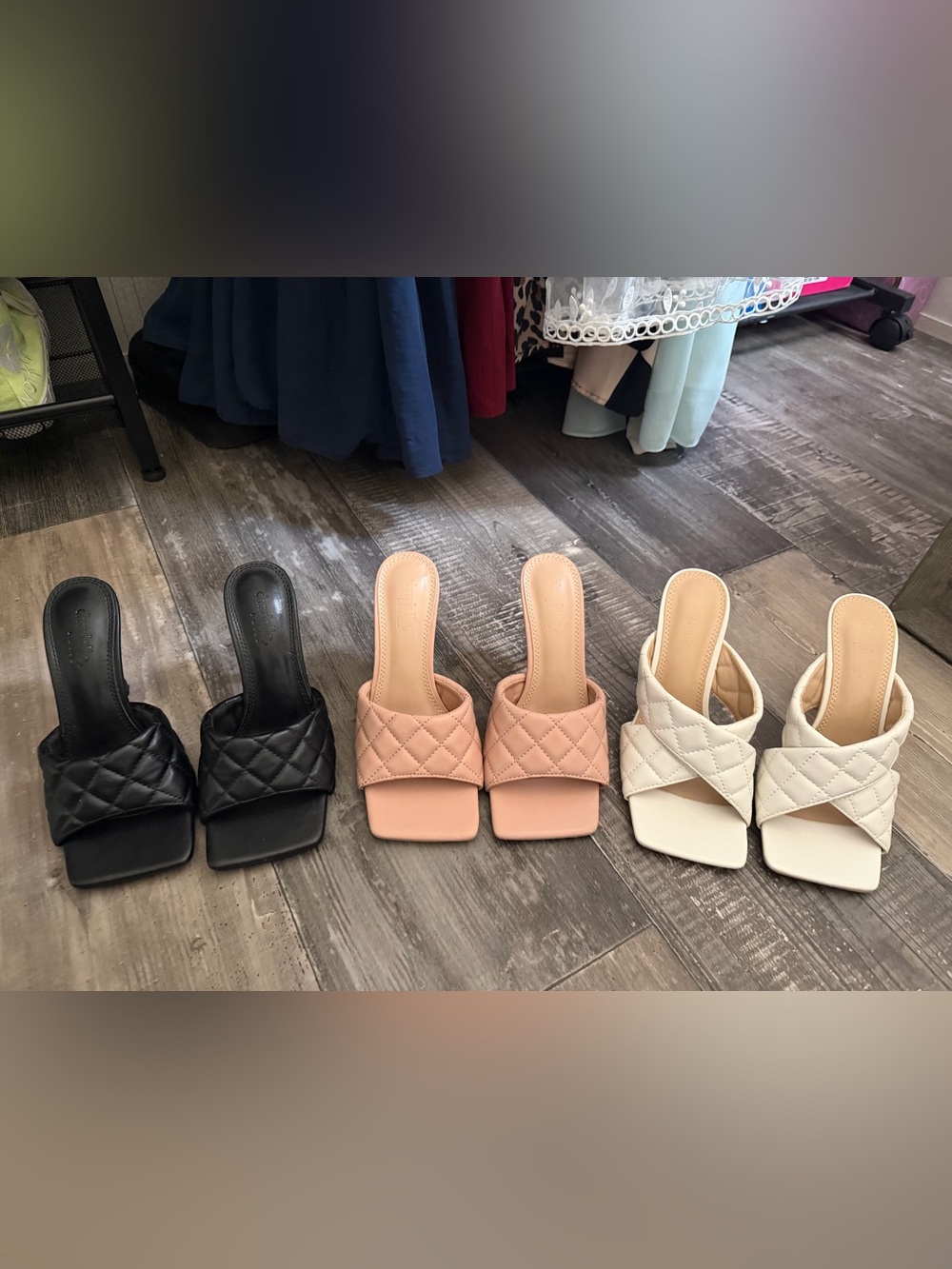 3 pair of Quilted Slide Heeled Sandals - Black, Blush, Cream